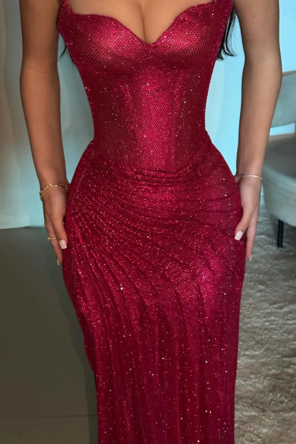 Glitter Red Spaghetti Straps Floor-Length Mermaid Prom Dress with High Split