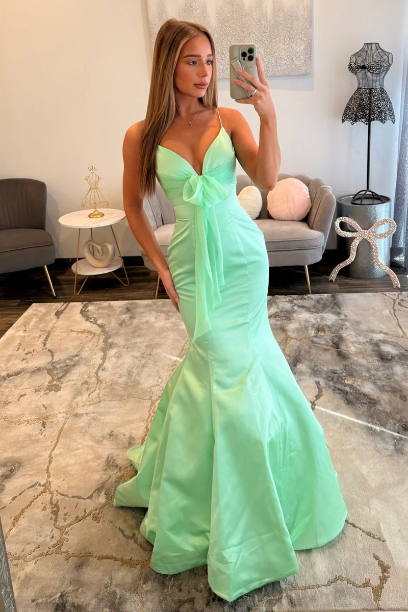 Mint Spaghetti Straps Satin Long Mermaid Prom Dress with Bow