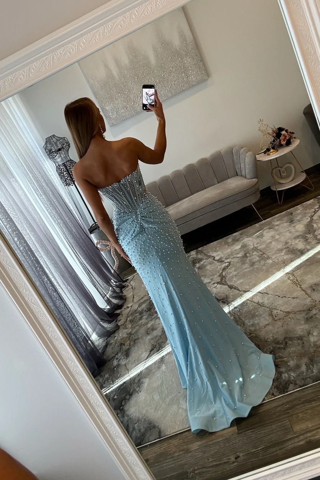 [Copy]Mint Spaghetti Straps Satin Long Mermaid Prom Dress with Bow