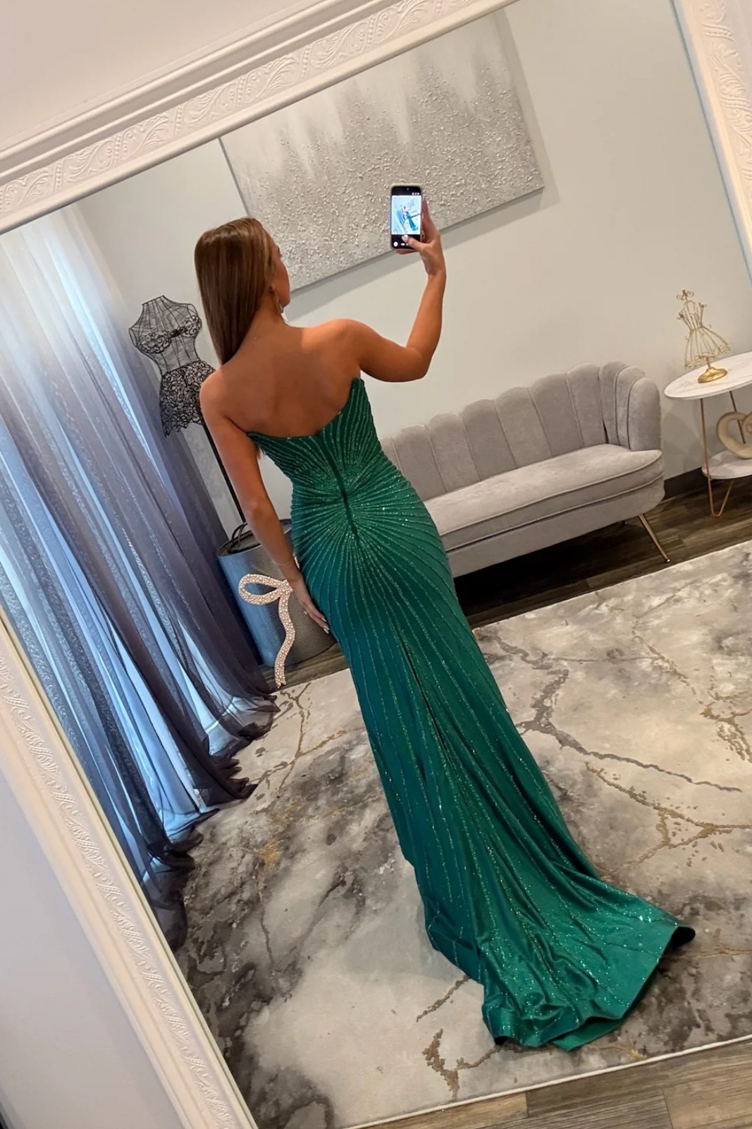 Dark Green Strapless Beaded Floor-Length Mermaid Prom Dress
