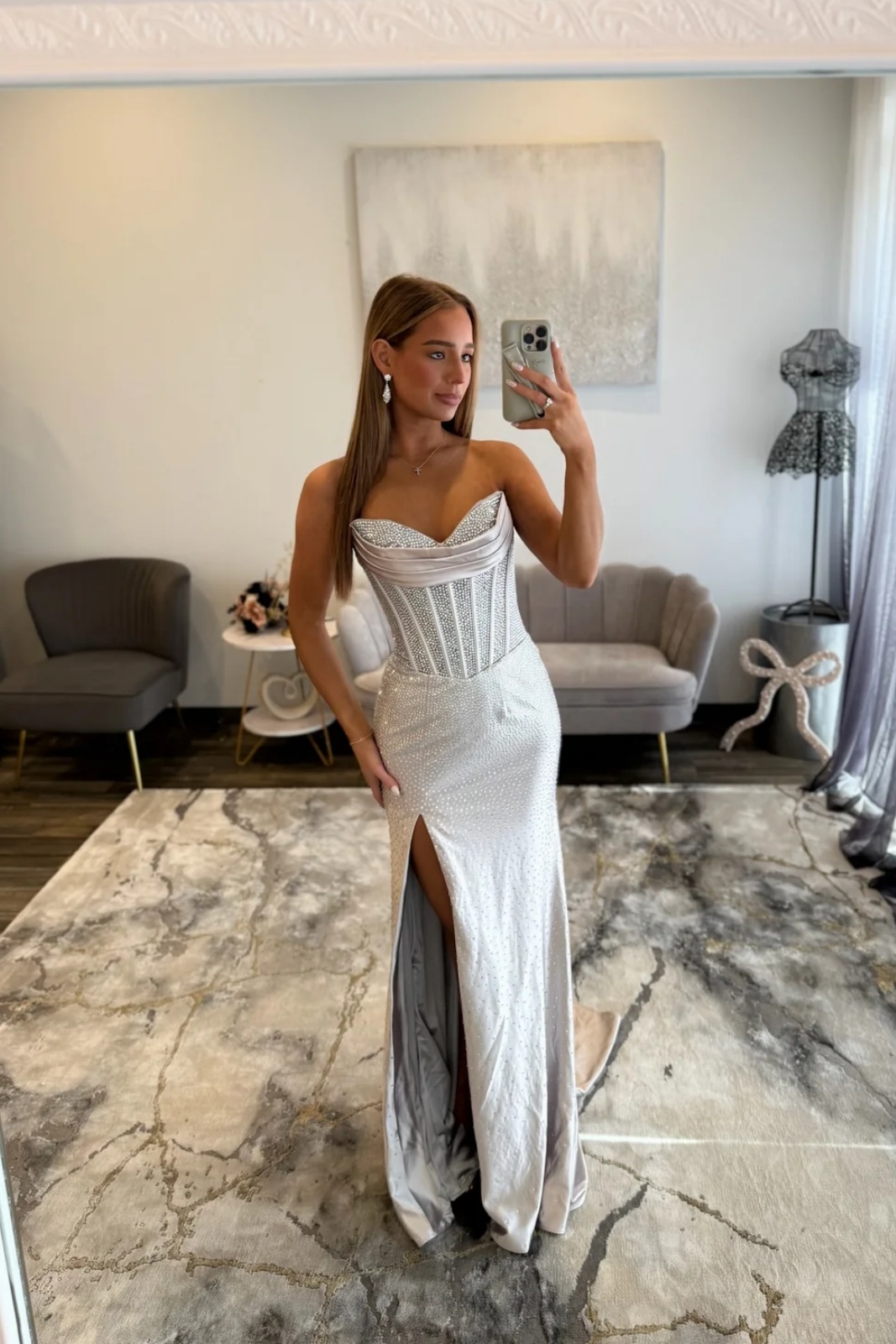 Silver Sweetheart Beaded Corset Long Mermaid Prom Dress High Split Evening Dress