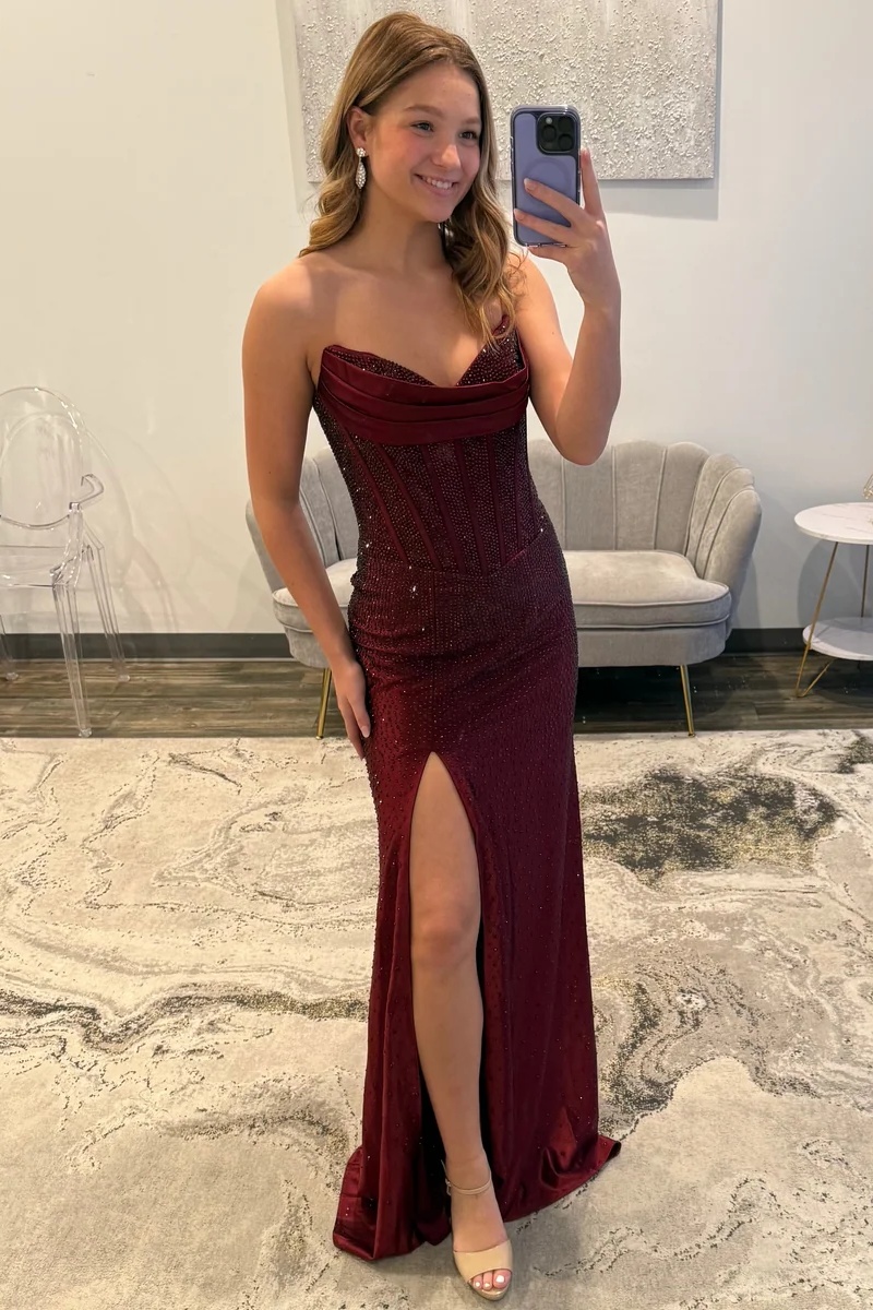 Silver Sweetheart Beaded Corset Long Mermaid Prom Dress High Split Evening Dress