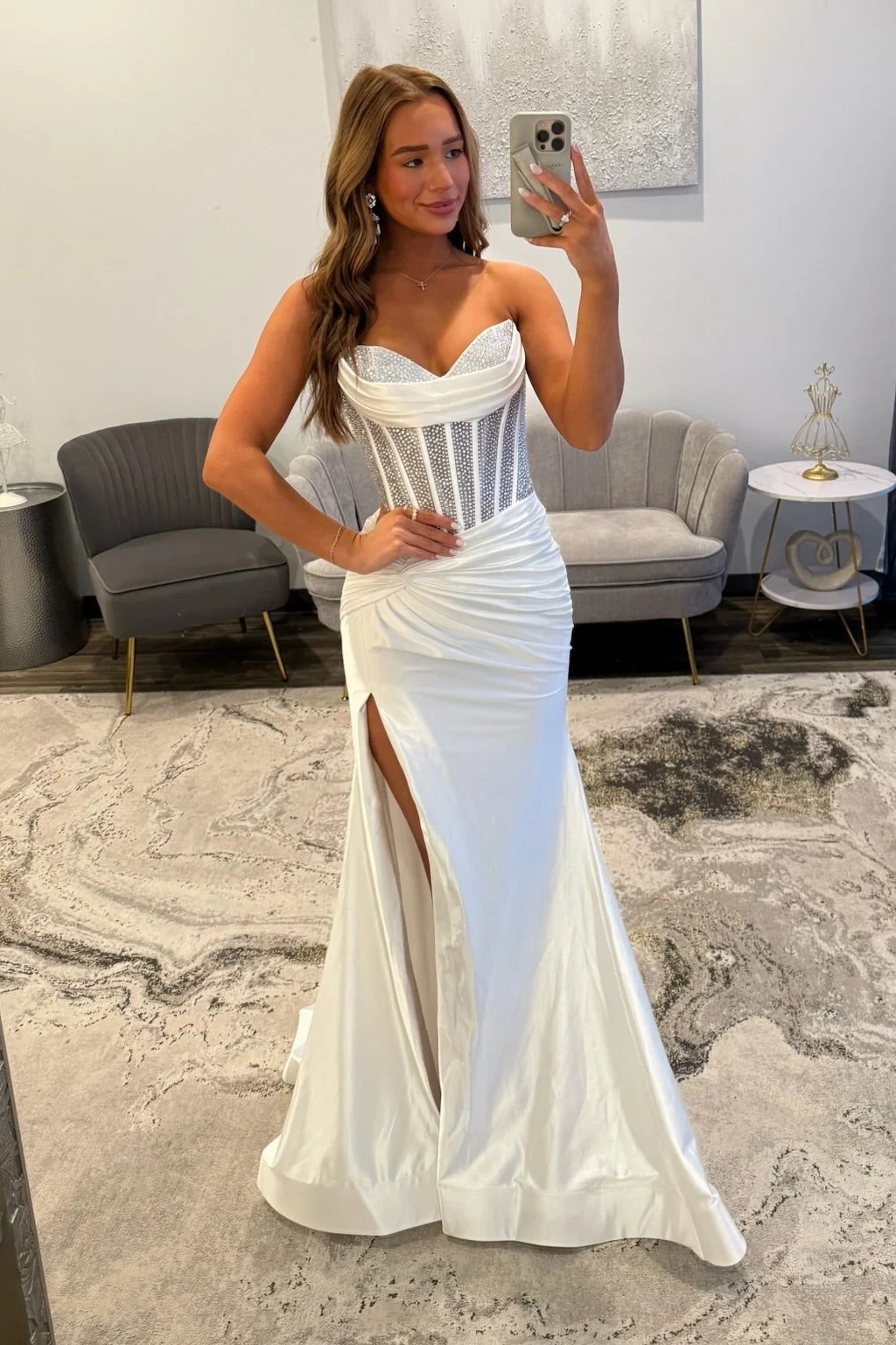 White Sweetheart Satin Beaded Corset Long Mermaid Prom Dress Split Evening Dress 