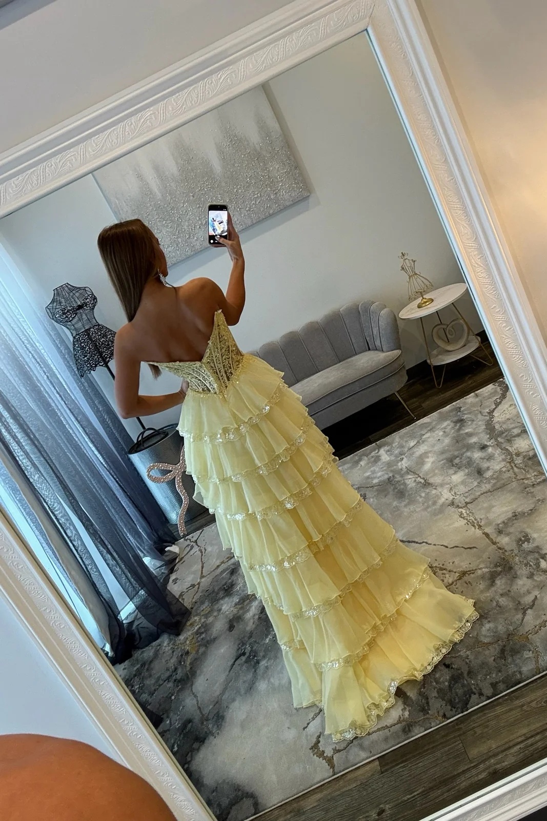 Yellow Sweetheart Chiffon Ruffles Lace Appliques A-Line Prom Dress