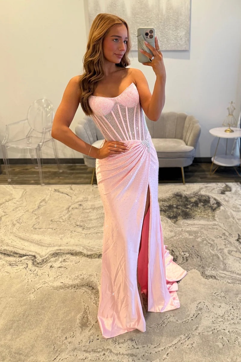 Sliver Sweetheart Satin Beaded Mermaid Prom Dress with High Split