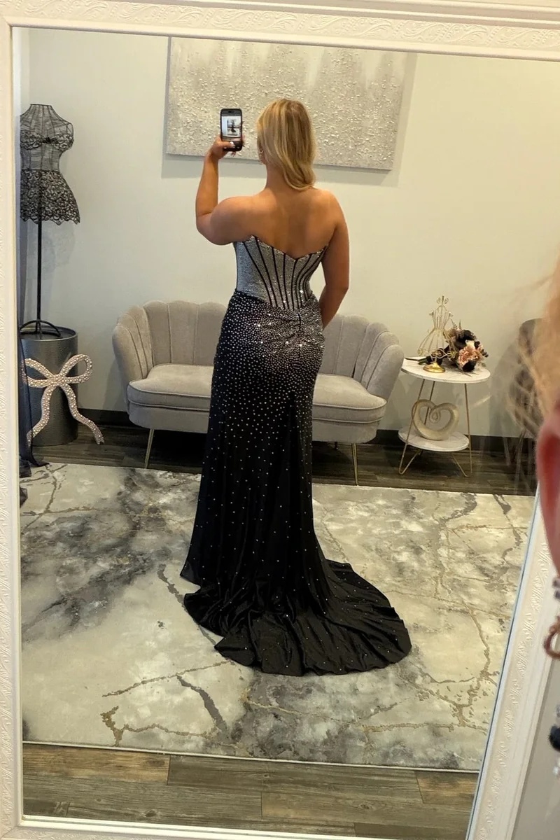 Sliver Sweetheart Satin Beaded Mermaid Prom Dress with High Split