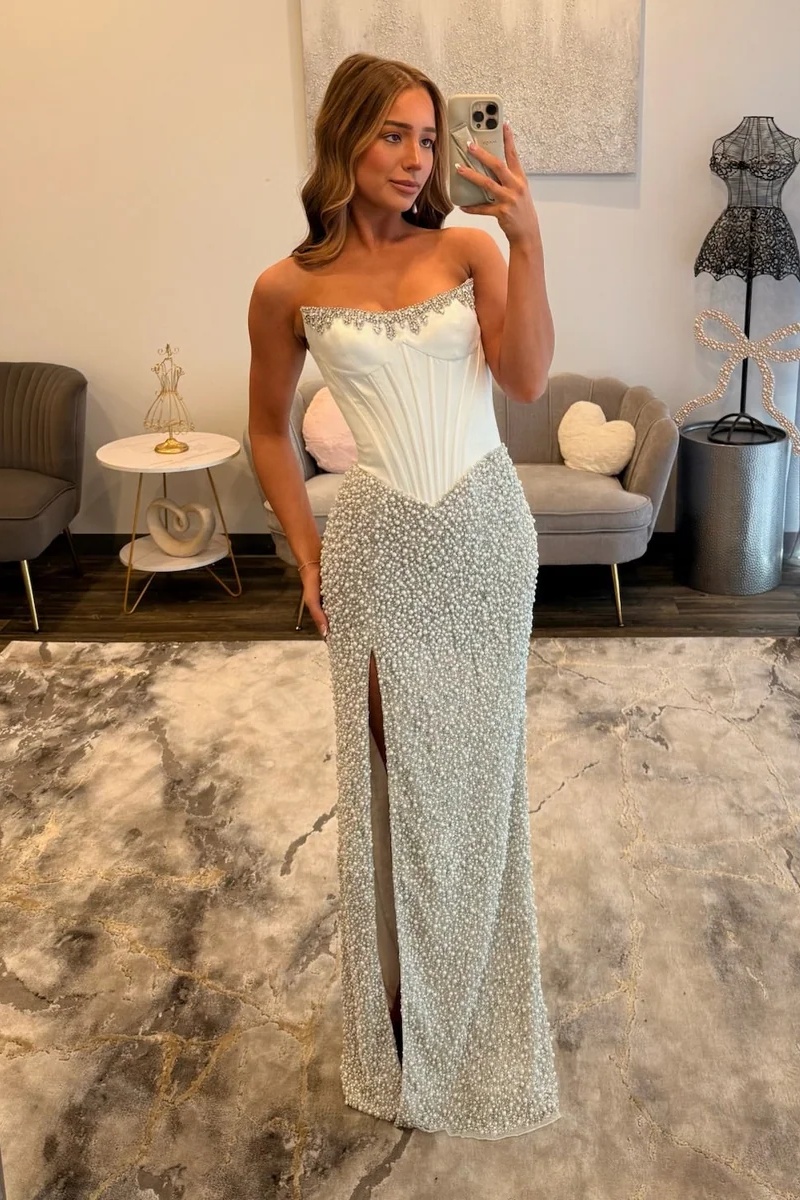 Strapless Beaded Crystal Floor-Length Mermaid Prom Dress with High Split