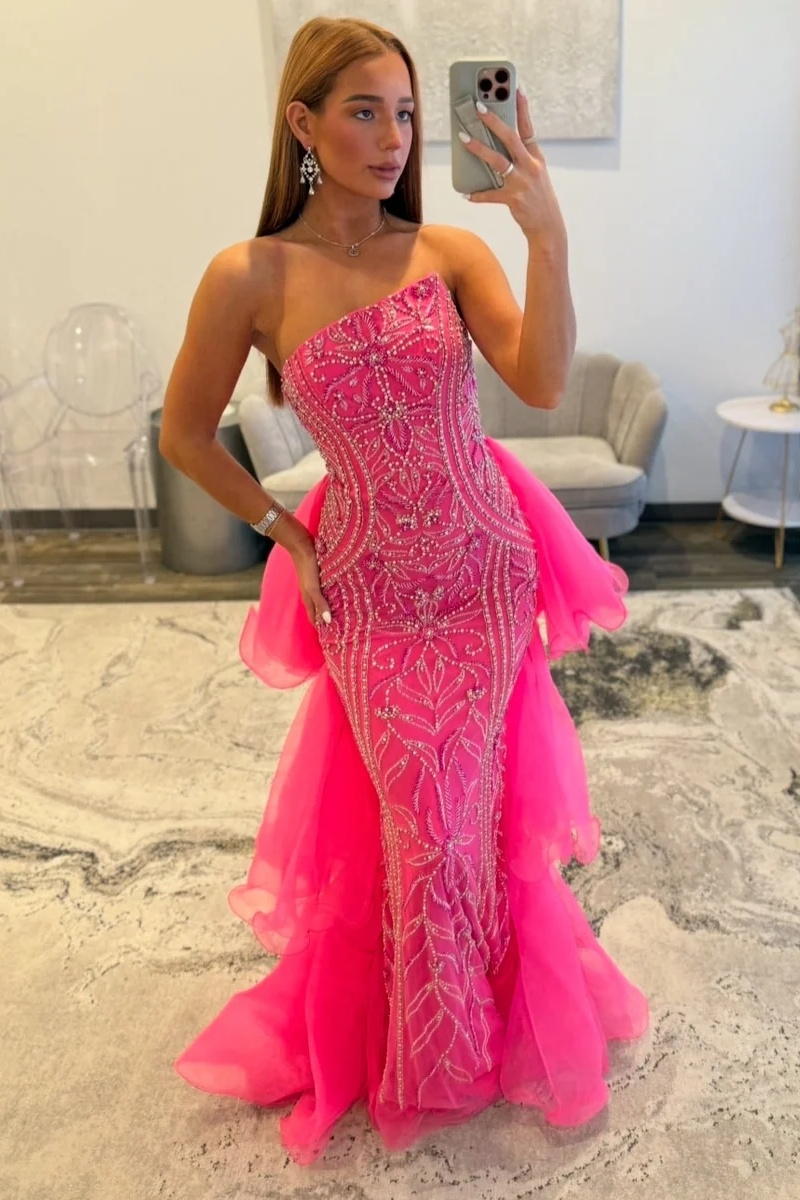 Strapless Satin Beaded Tulle Ruffles Floor-Length Mermaid Prom Dress 