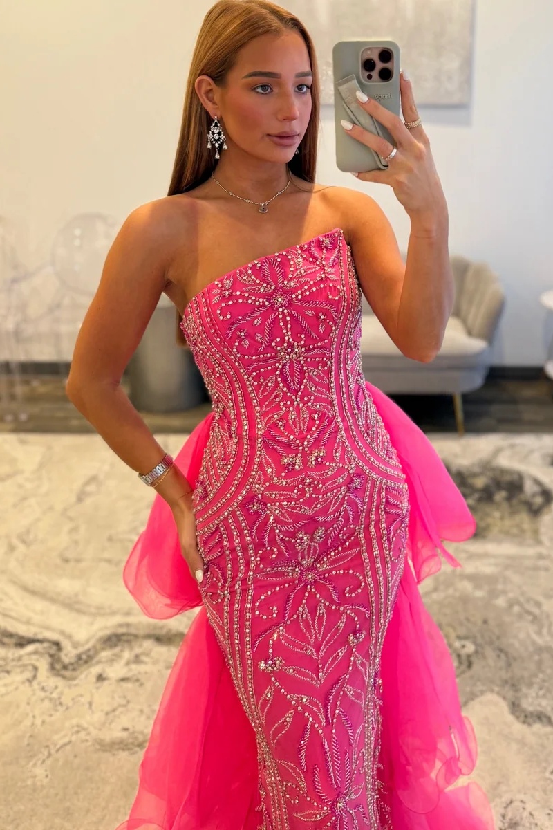 Strapless Satin Beaded Tulle Ruffles Floor-Length Mermaid Prom Dress 