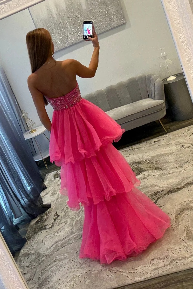 Strapless Satin Beaded Tulle Ruffles Floor-Length Mermaid Prom Dress 