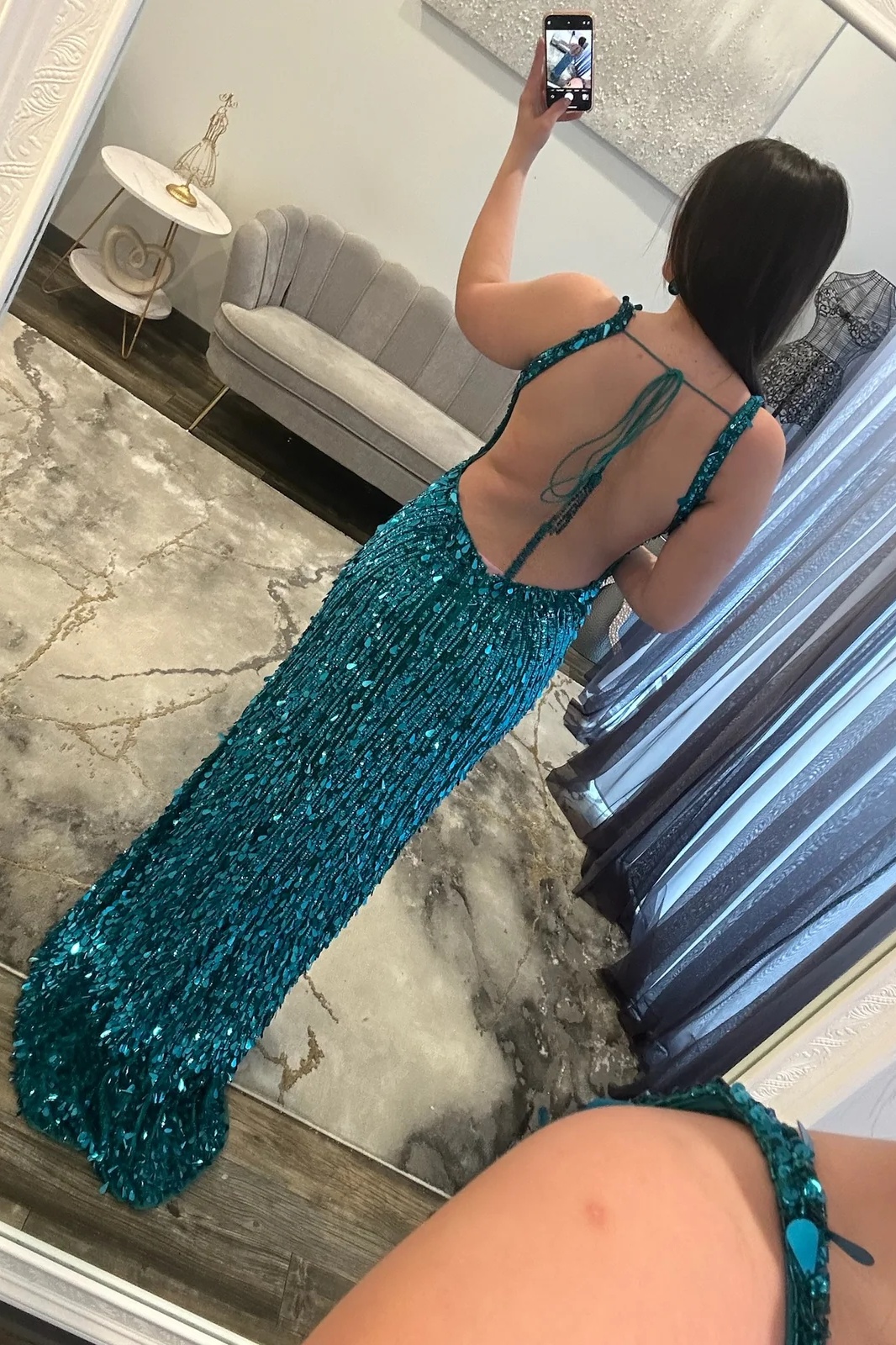 Spaghetti Straps Sequins Floor-Length Mermaid Prom Dress with High Split