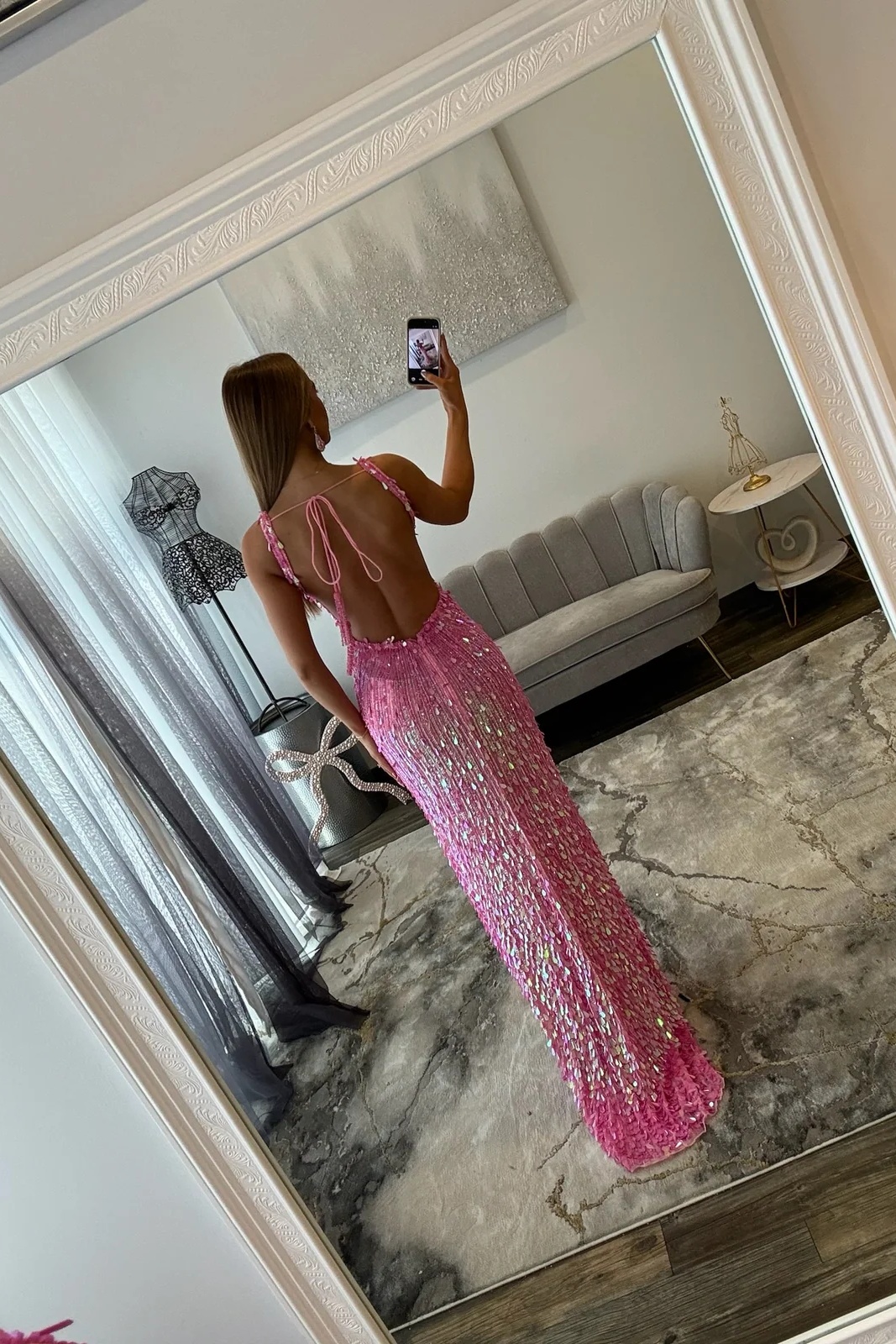Spaghetti Straps Sequins Floor-Length Mermaid Prom Dress with High Split