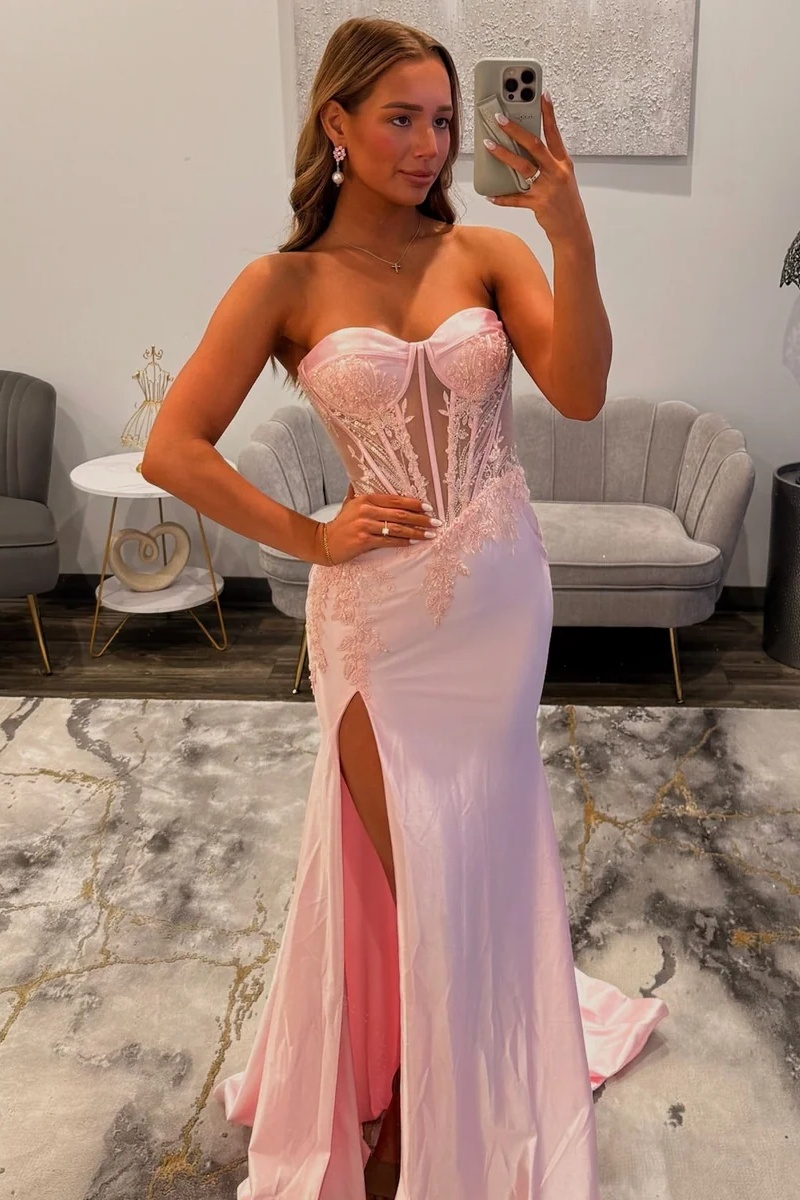 Sweetheart Satin Corset Lace Appliques Floor-Length Mermaid Prom Dress with Split