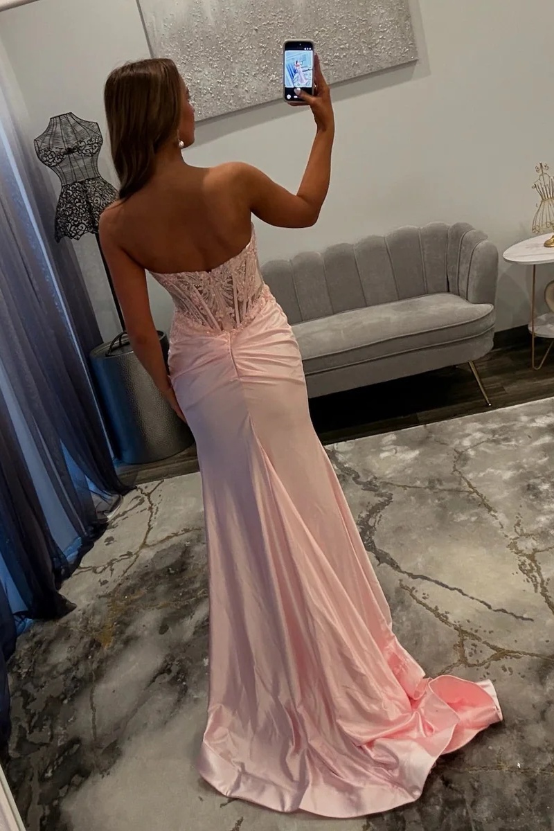 Sweetheart Satin Corset Lace Appliques Floor-Length Mermaid Prom Dress with Split