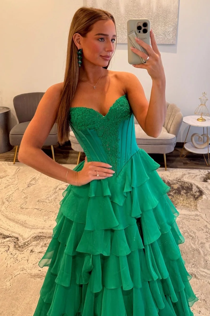 Sweetheart Satin Corset Lace Appliques Ruffles Mermaid Prom Dress with Split