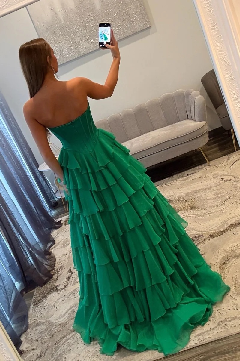 Sweetheart Satin Corset Lace Appliques Ruffles Mermaid Prom Dress with Split
