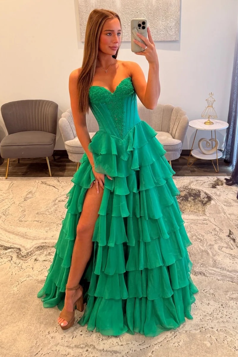Sweetheart Satin Corset Lace Appliques Ruffles Mermaid Prom Dress with Split