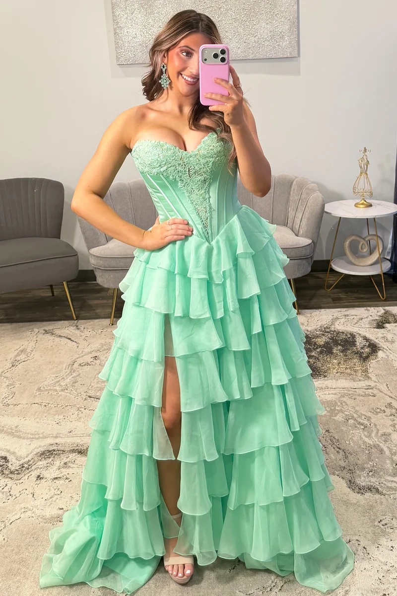 Sweetheart Satin Corset Lace Appliques Ruffles Mermaid Prom Dress with Split
