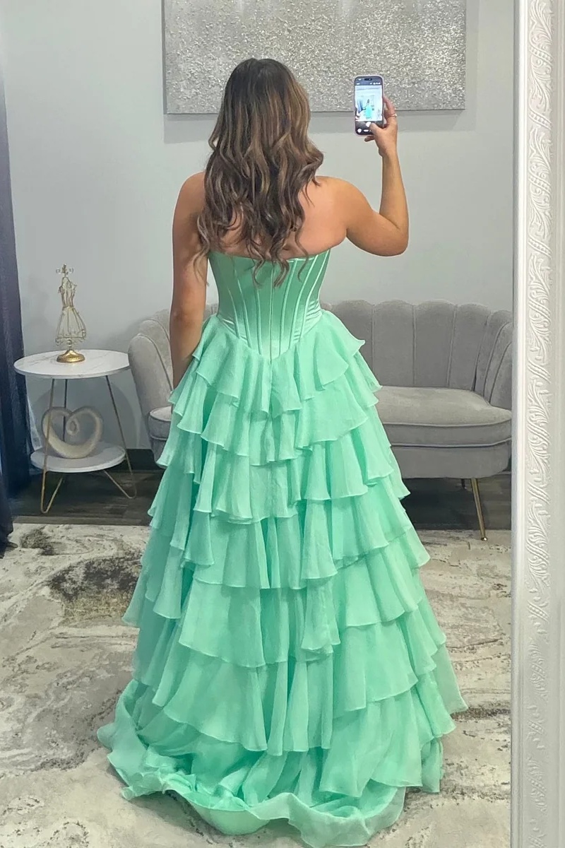 Sweetheart Satin Corset Lace Appliques Ruffles Mermaid Prom Dress with Split