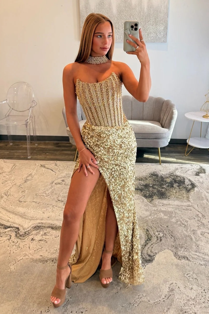 Strapless Sequin Beaded Floor-Length Mermaid Prom Dress with High Split