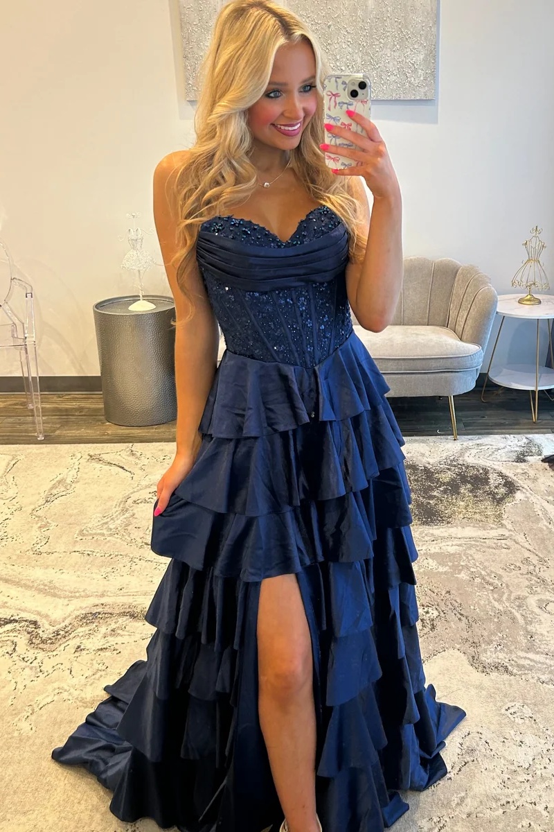 Sweetheart Satin Beaded Corset Floor-Length Mermaid Prom Dress with Split