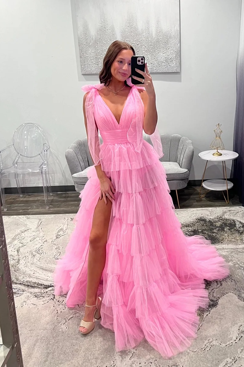 V-Neck Straps Tulle Ruffles Floor-Length A-Line Prom Dress with Split