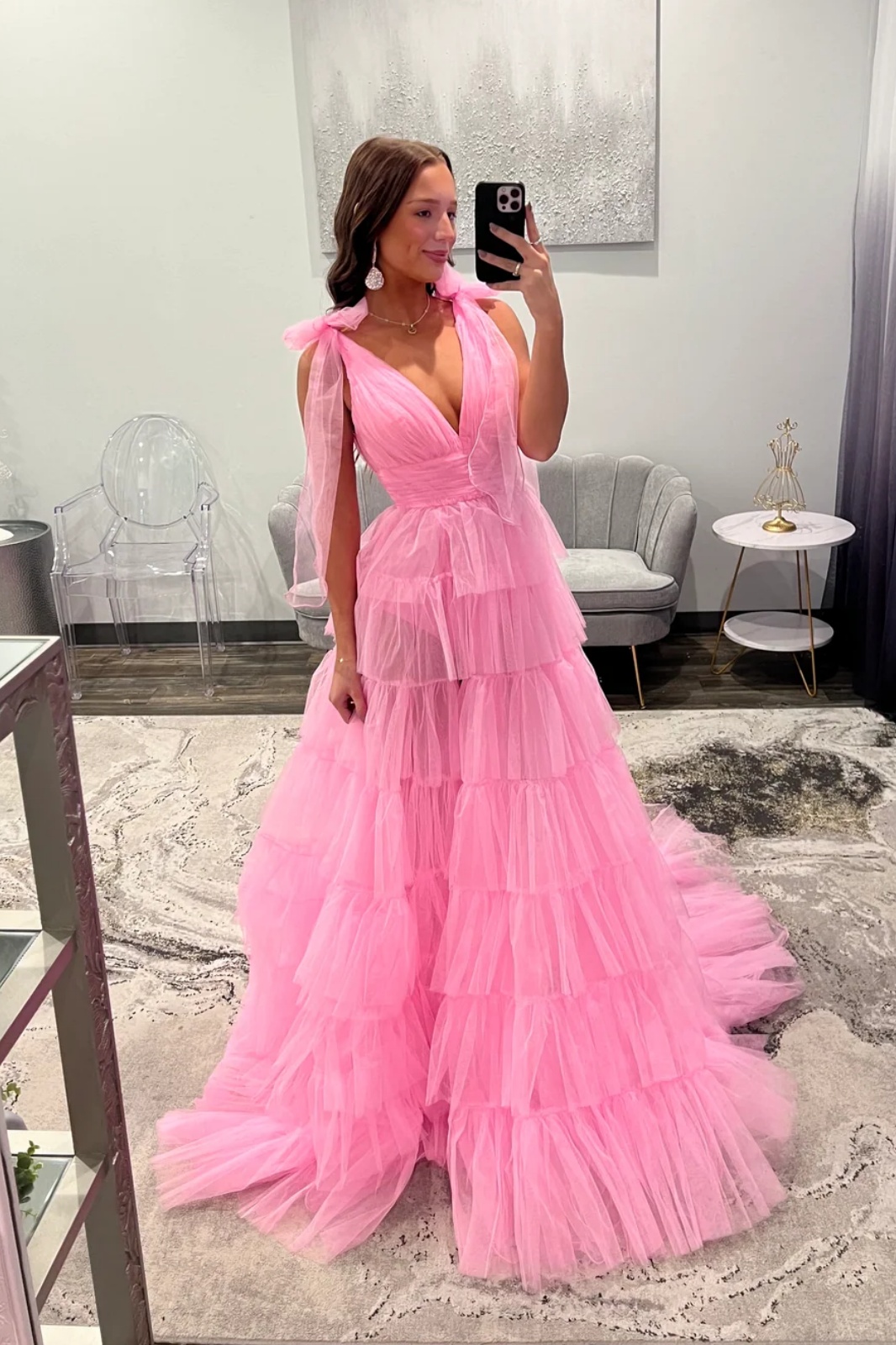 V-Neck Straps Tulle Ruffles Floor-Length A-Line Prom Dress with Split
