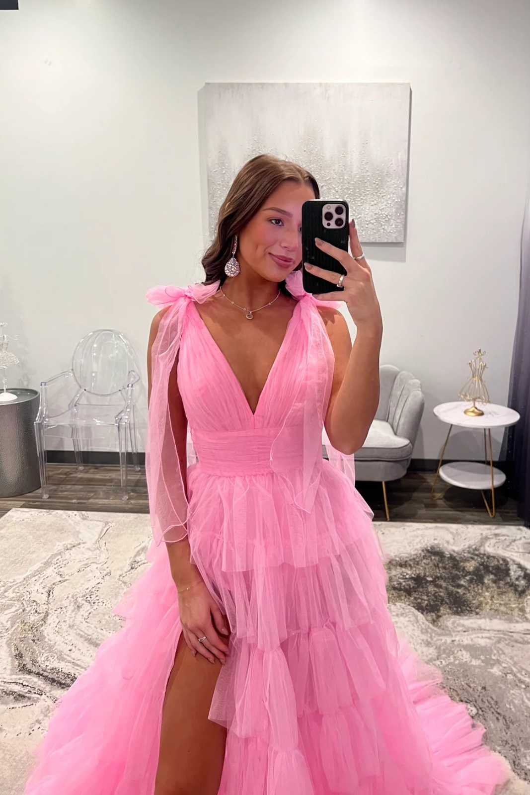 V-Neck Straps Tulle Ruffles Floor-Length A-Line Prom Dress with Split