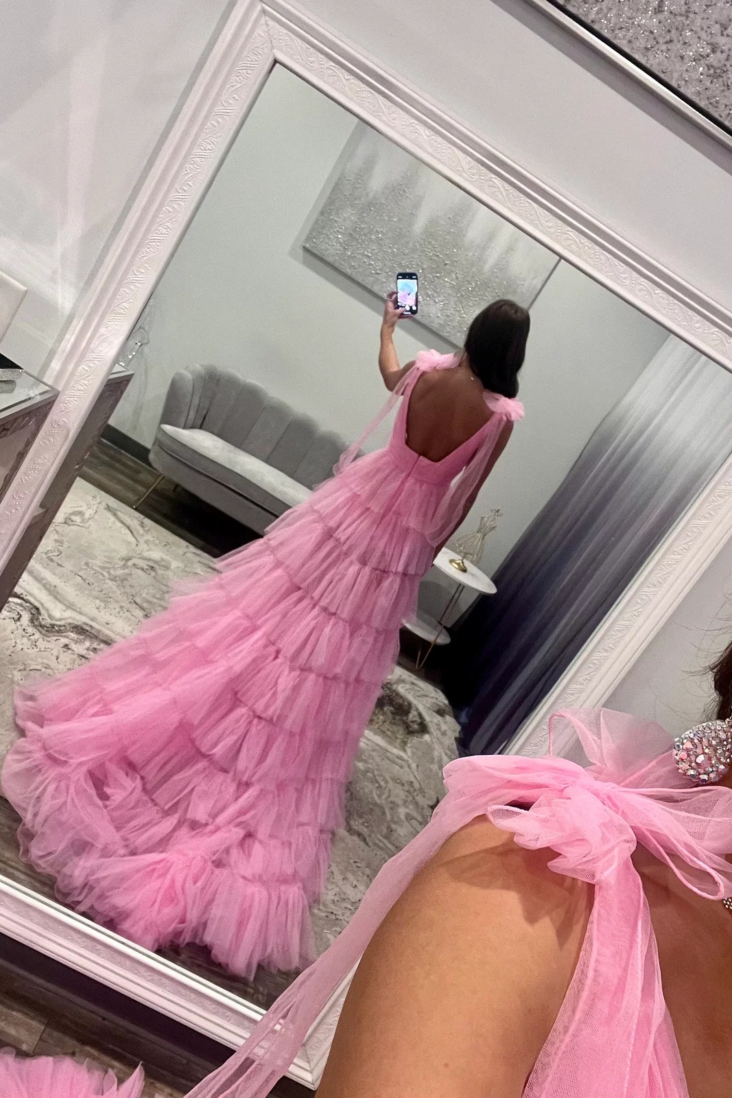 V-Neck Straps Tulle Ruffles Floor-Length A-Line Prom Dress with Split