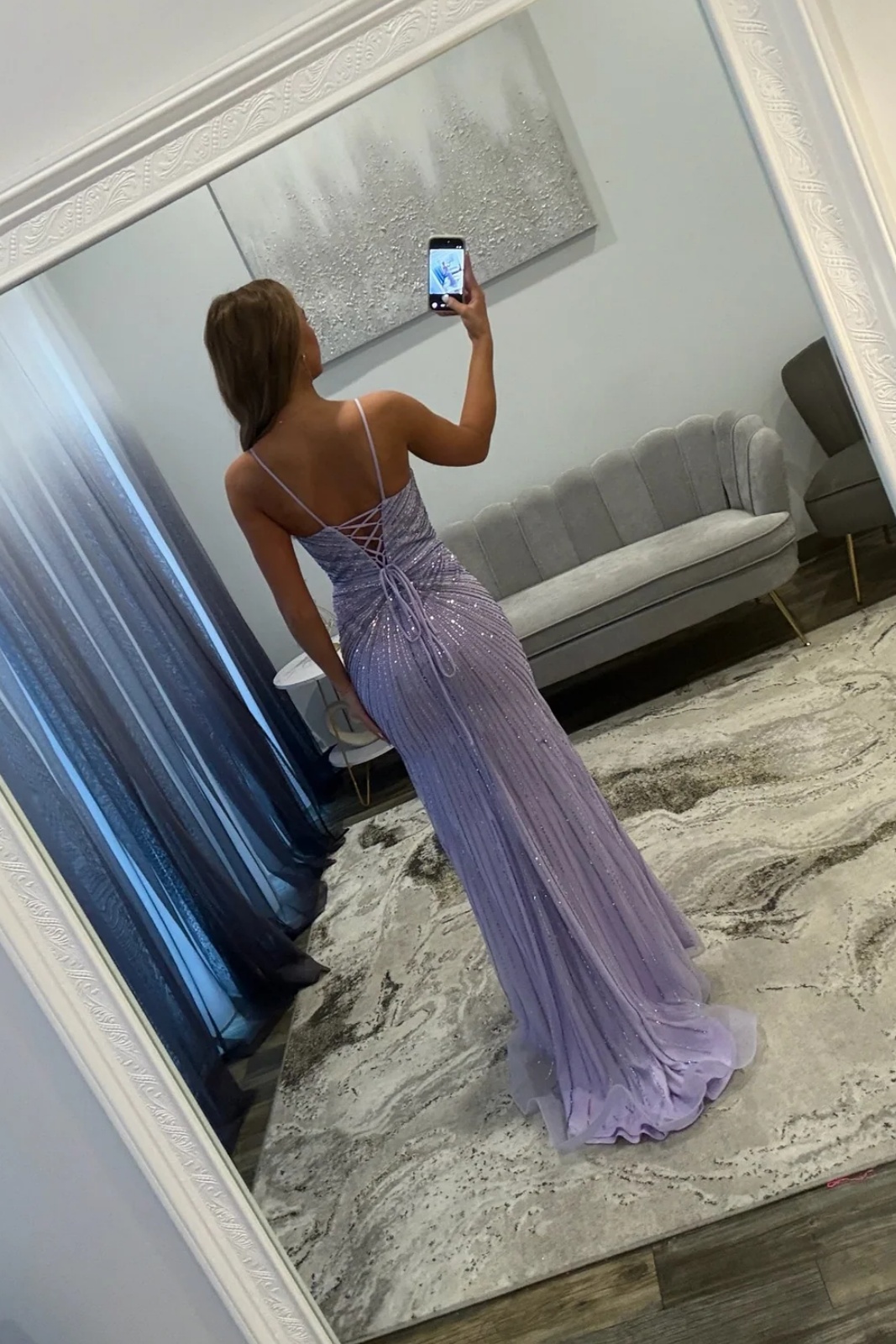 Spaghetti Straps Beaded Tulle Floor-Length Mermaid Prom Dress with Split