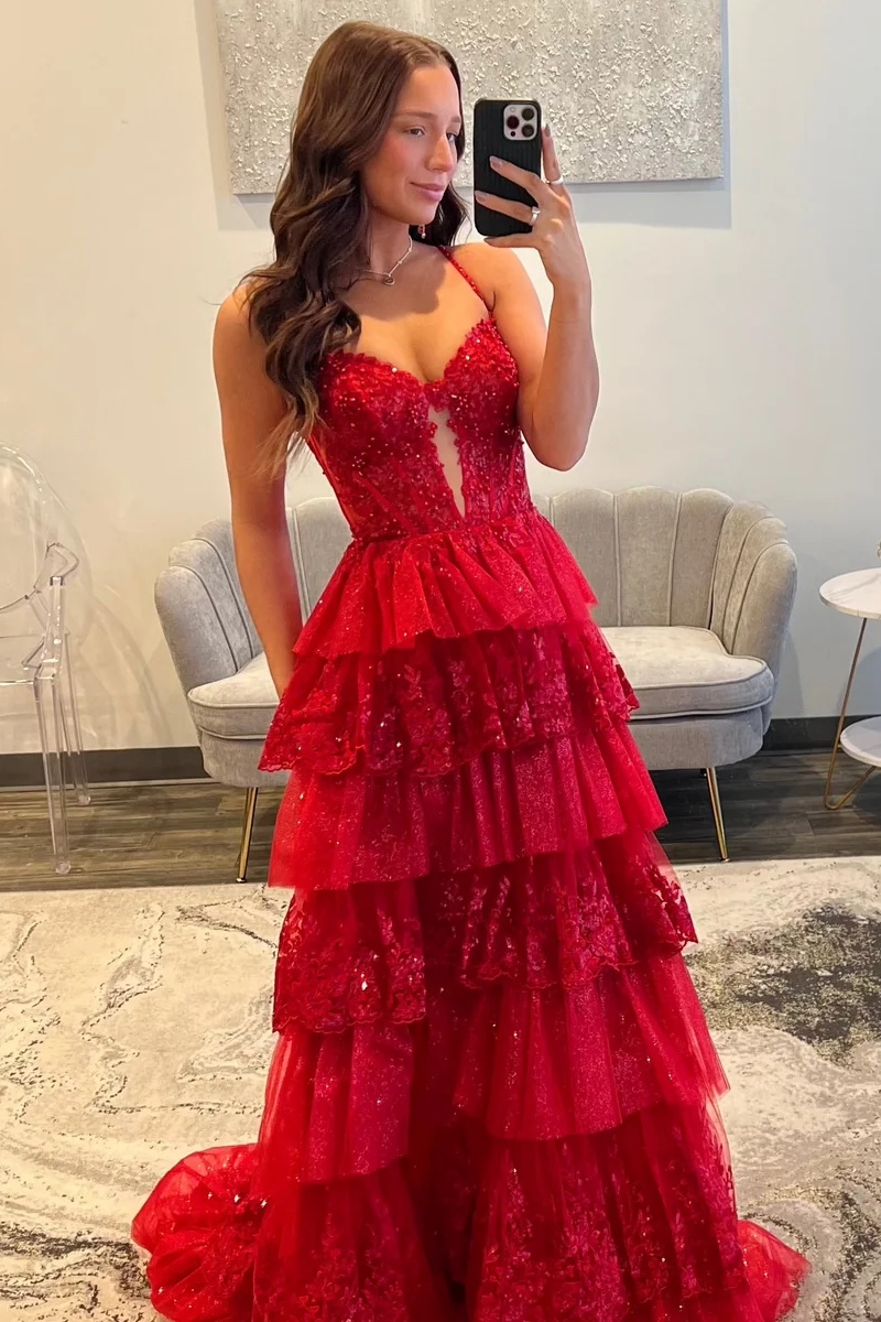 Spaghetti Straps Lace Appliques Ruffles Floor-Length A-Line Prom Dress with Split