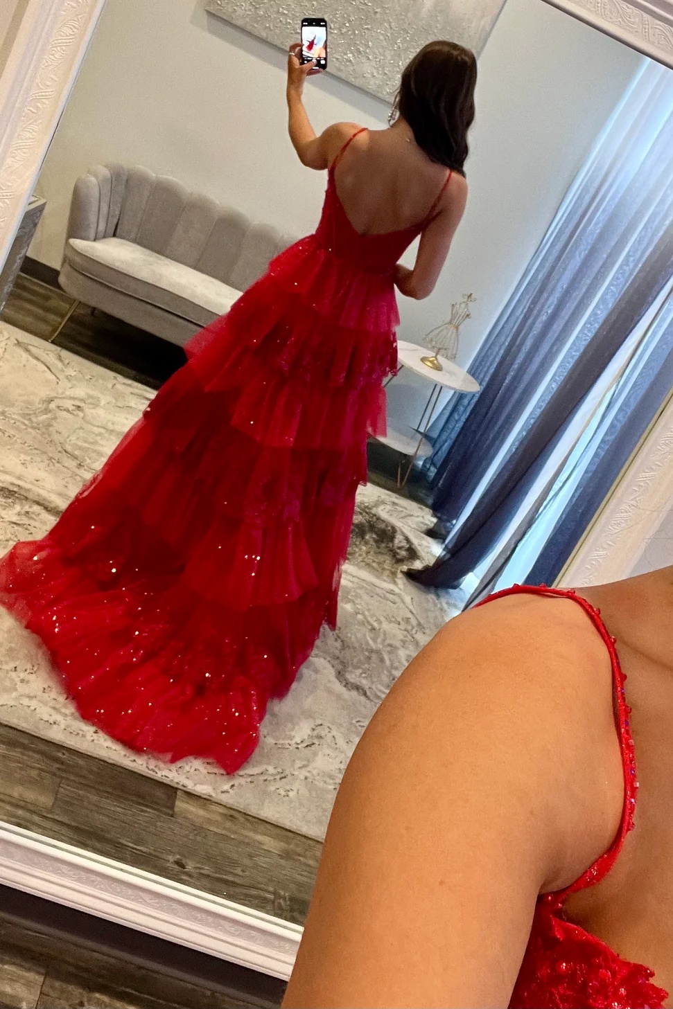Spaghetti Straps Lace Appliques Ruffles Floor-Length A-Line Prom Dress with Split