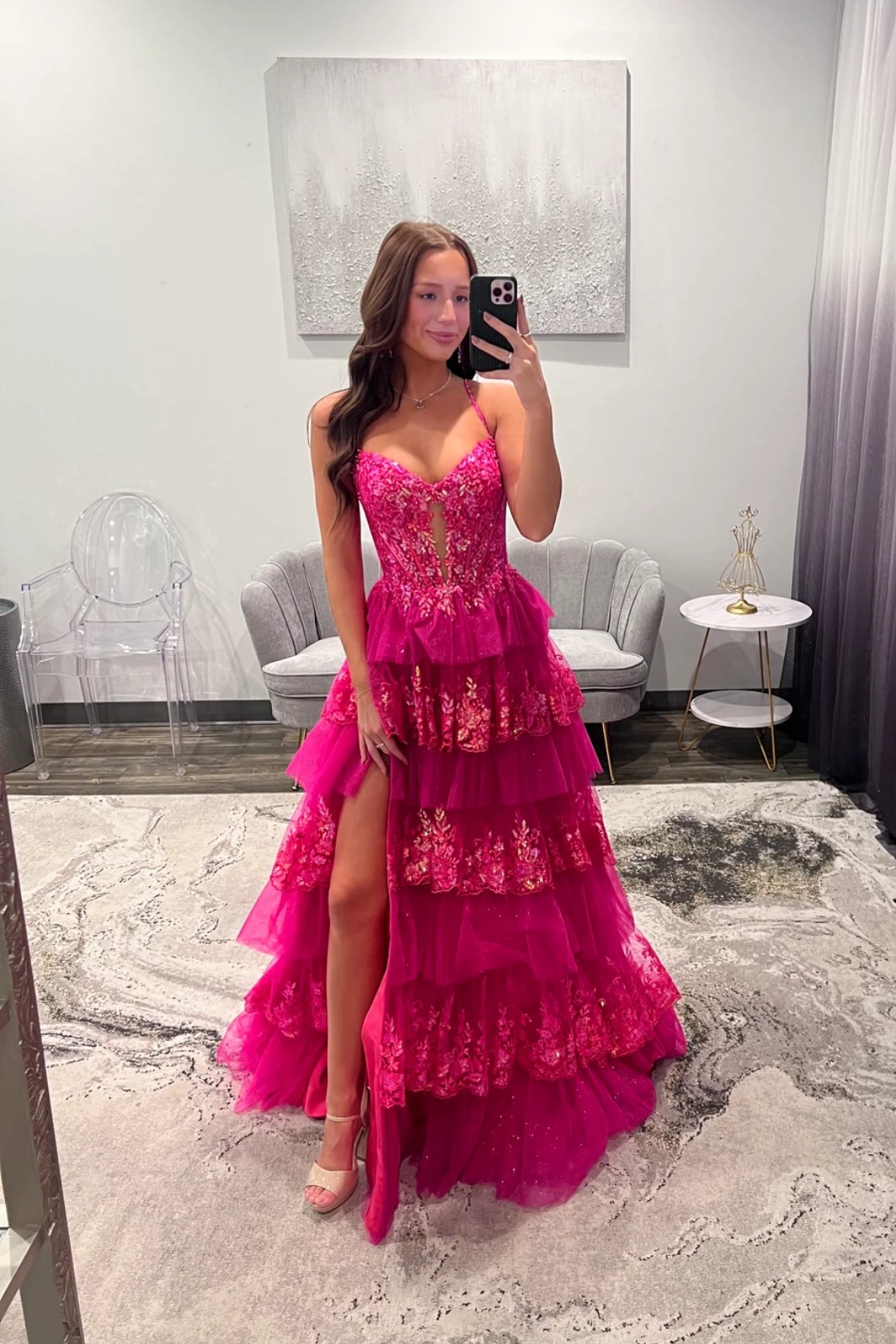 Spaghetti Straps Lace Appliques Ruffles Floor-Length A-Line Prom Dress with Split