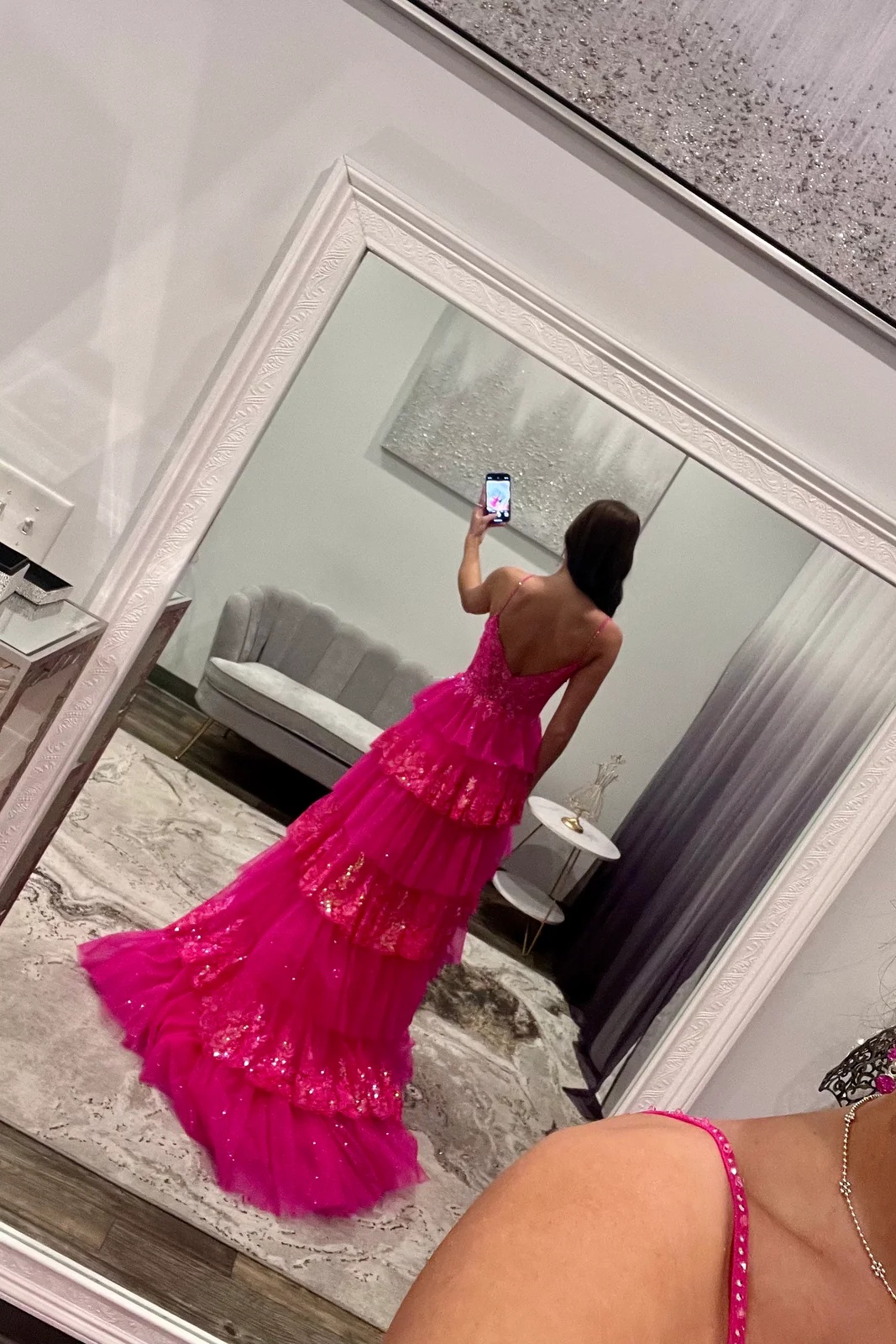 Spaghetti Straps Lace Appliques Ruffles Floor-Length A-Line Prom Dress with Split