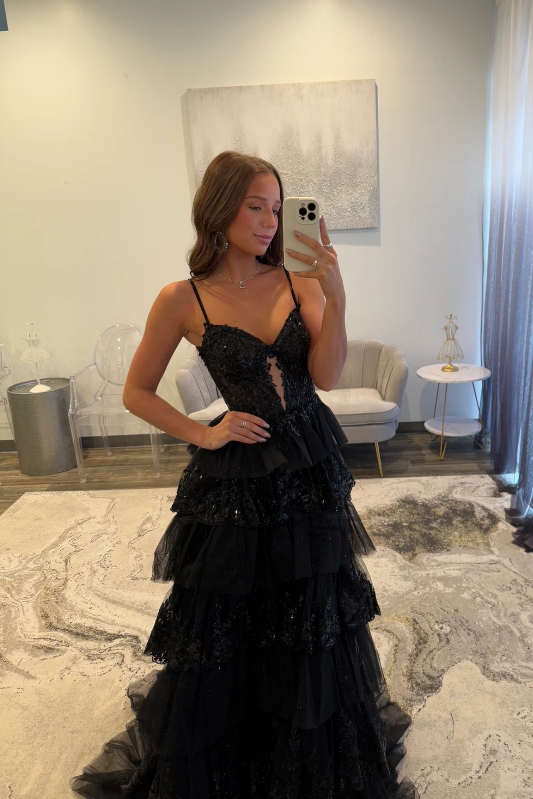 Spaghetti Straps Lace Appliques Ruffles Floor-Length A-Line Prom Dress with Split