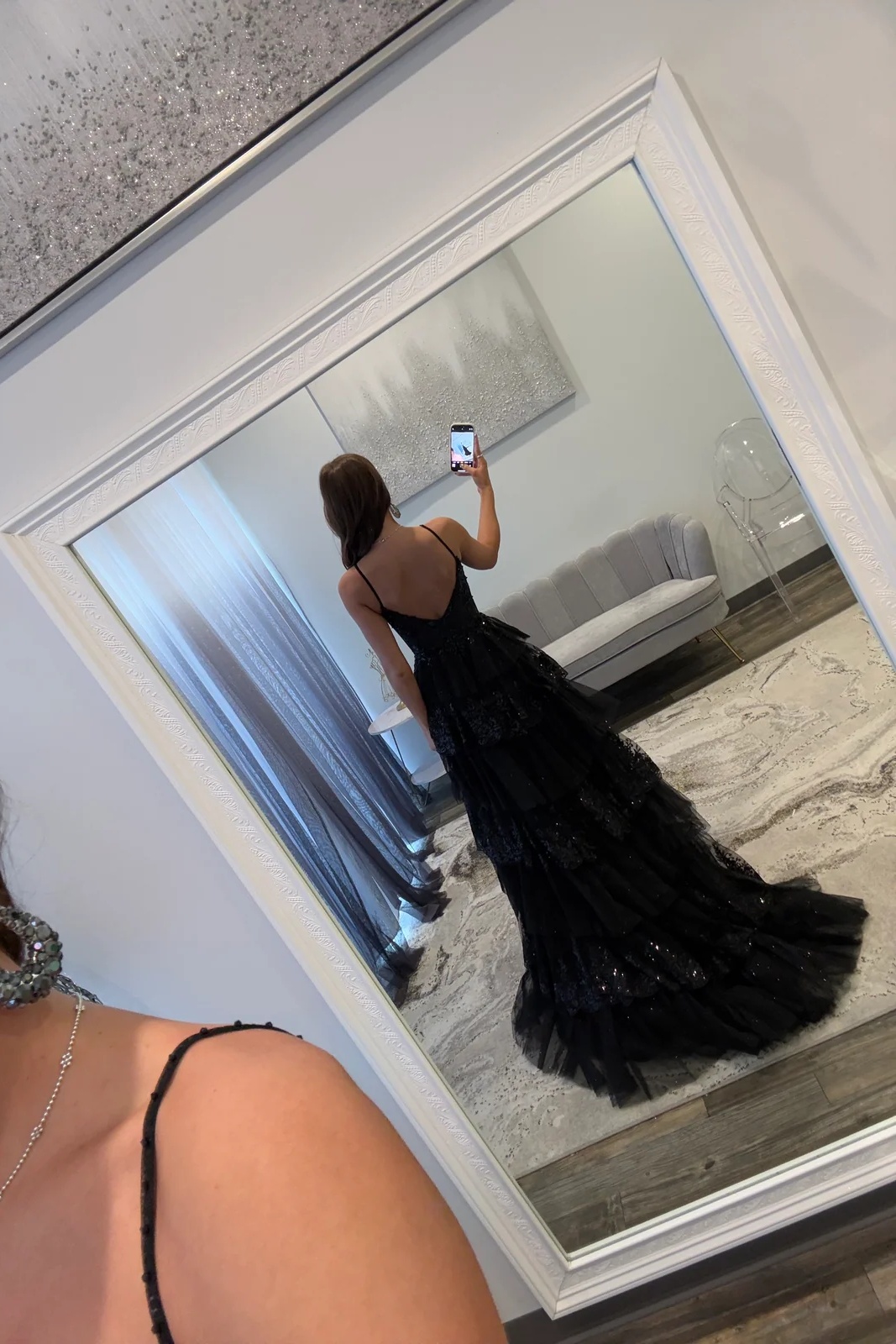 Spaghetti Straps Lace Appliques Ruffles Floor-Length A-Line Prom Dress with Split