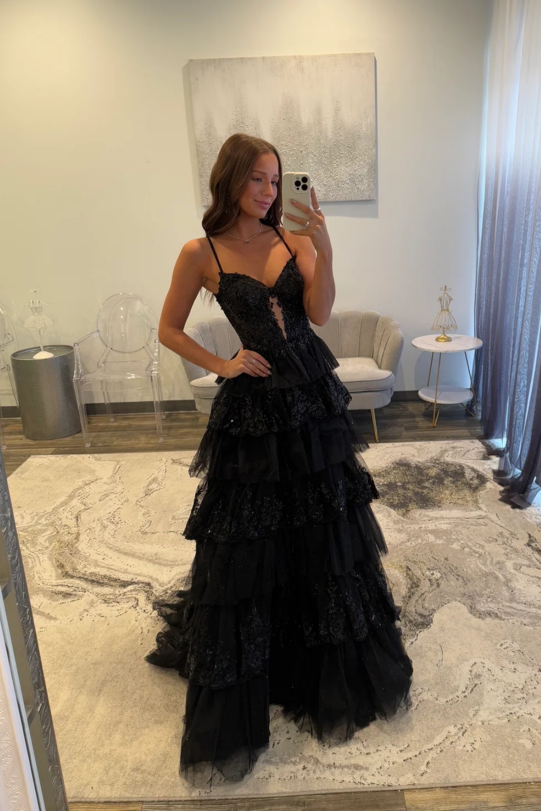 Spaghetti Straps Lace Appliques Ruffles Floor-Length A-Line Prom Dress with Split