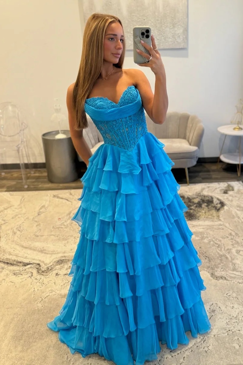 Sweetheart Beading Lace Appliques Ruffles Floor-Length A-Line Prom Dress
