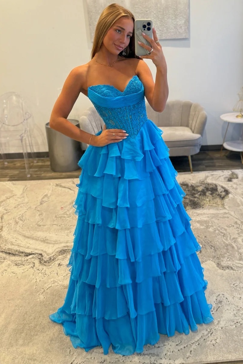 Sweetheart Beading Lace Appliques Ruffles Floor-Length A-Line Prom Dress