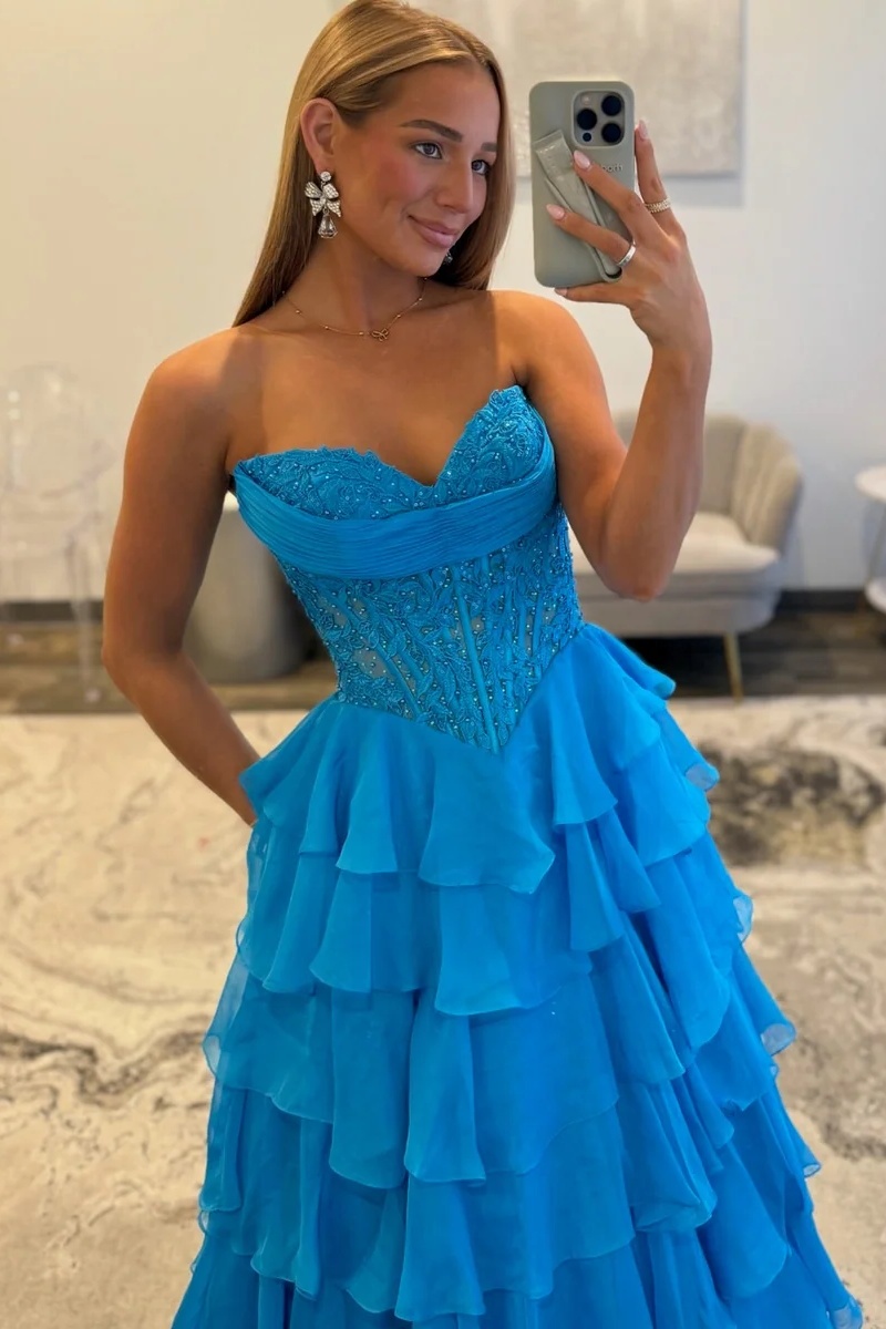 Sweetheart Beading Lace Appliques Ruffles Floor-Length A-Line Prom Dress