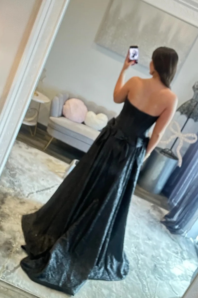 Strapless Satin Corset Floor-Length High Split A-Line Prom Dress with Bow