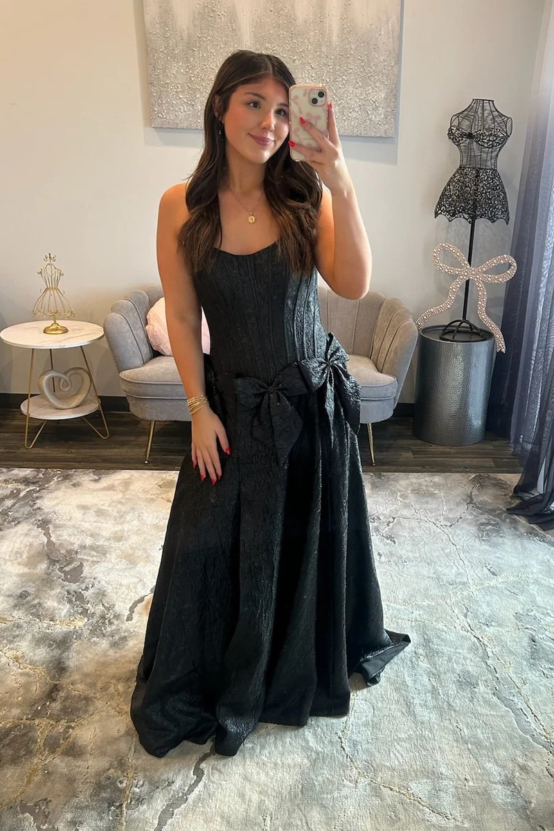 Strapless Satin Corset Floor-Length High Split A-Line Prom Dress with Bow