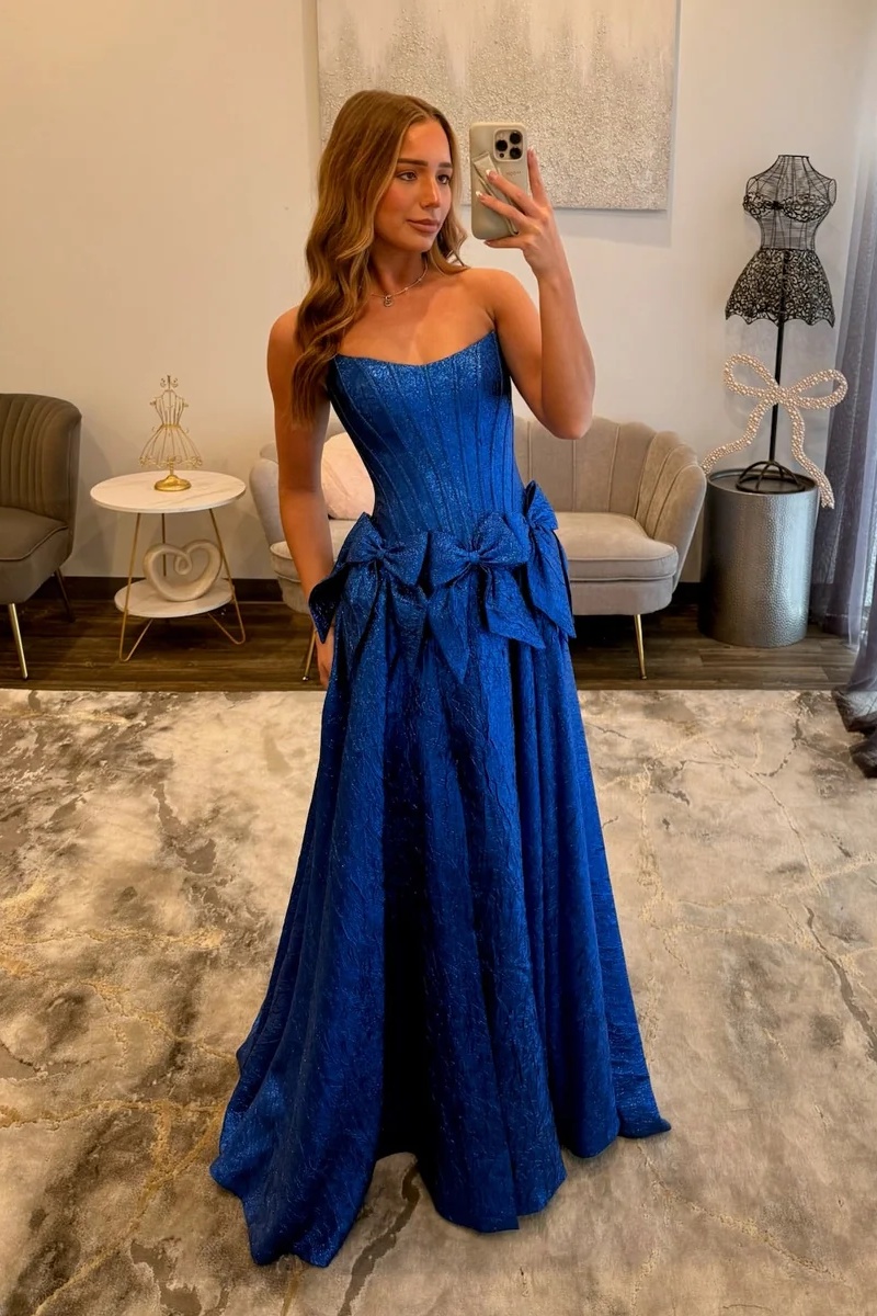 Strapless Satin Corset Floor-Length High Split A-Line Prom Dress with Bow