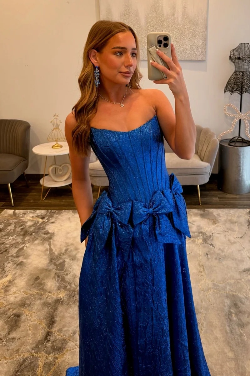 Strapless Satin Corset Floor-Length High Split A-Line Prom Dress with Bow