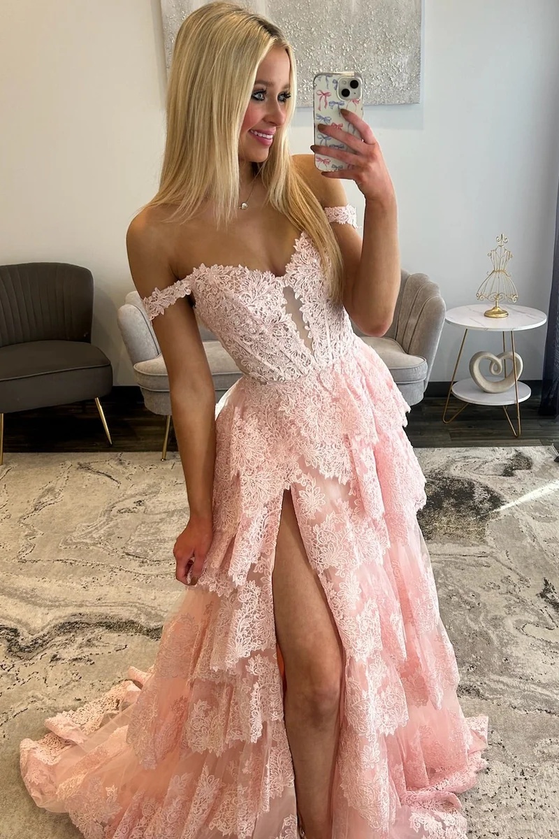 Off-the-Shoulder Lace Corset Ruffles Floor-Length High Split A-Line Prom Dress