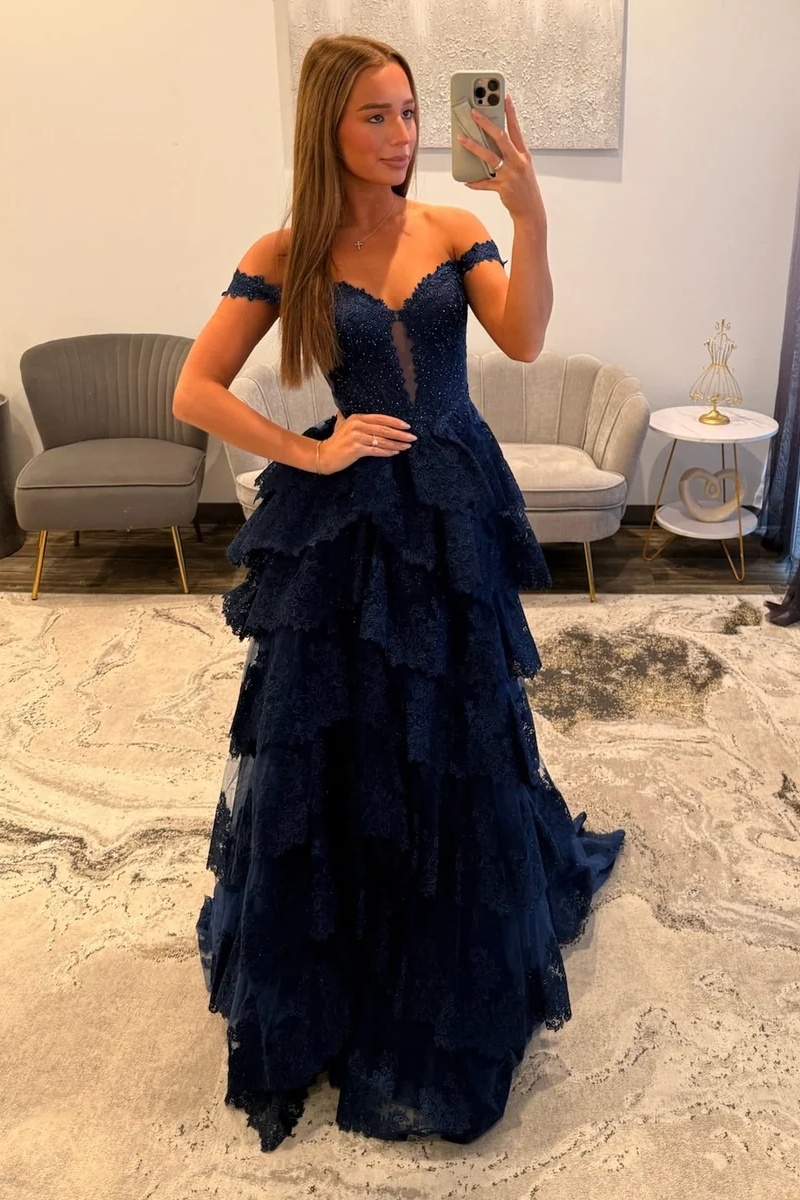 Off-the-Shoulder Lace Corset Ruffles Floor-Length High Split A-Line Prom Dress