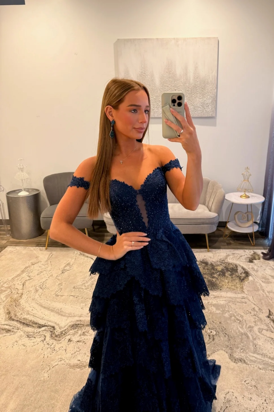 Off-the-Shoulder Lace Corset Ruffles Floor-Length High Split A-Line Prom Dress