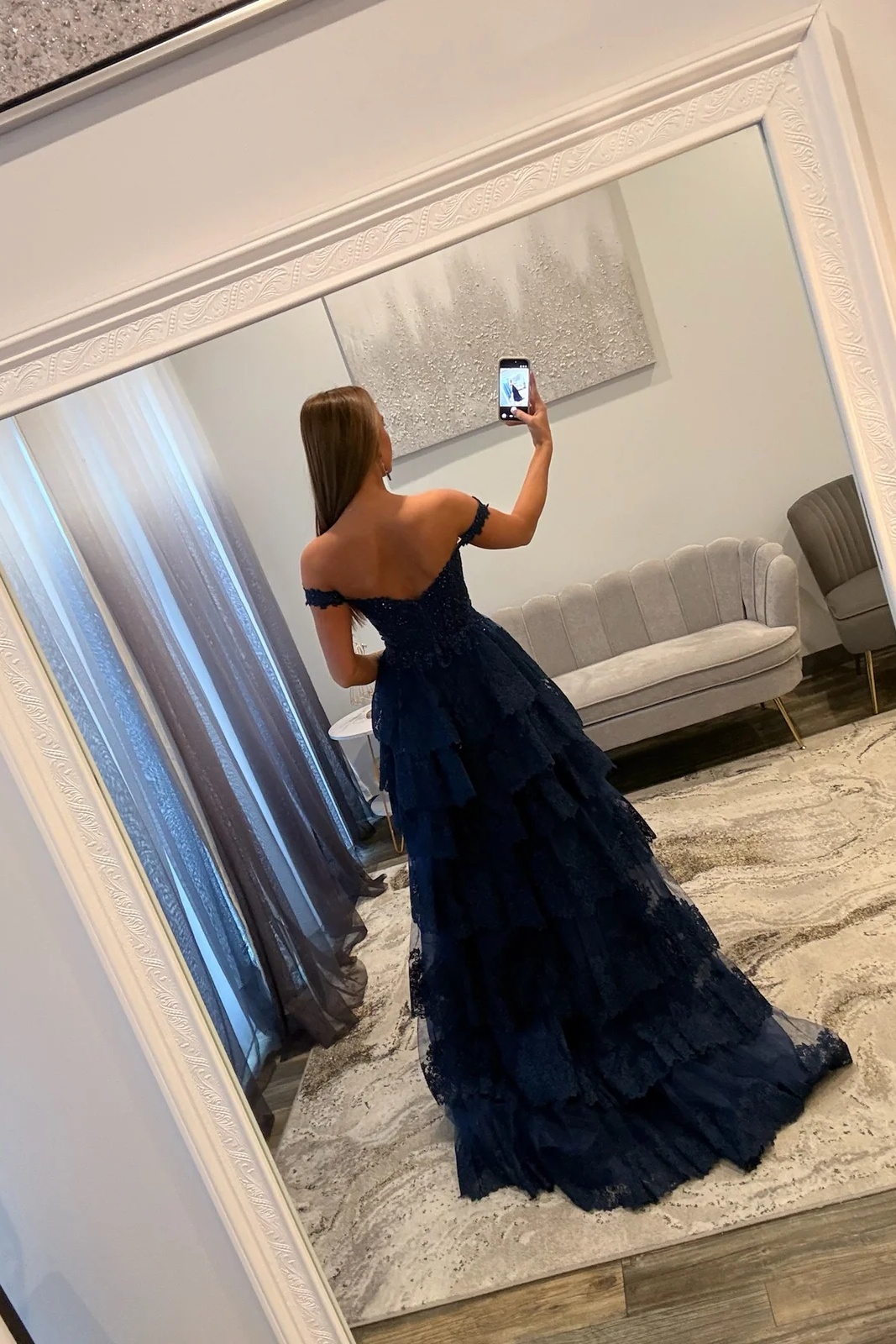 Off-the-Shoulder Lace Corset Ruffles Floor-Length High Split A-Line Prom Dress