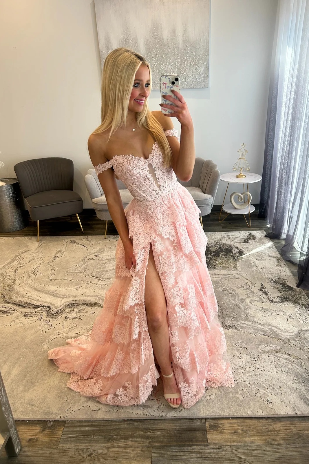 Off-the-Shoulder Lace Corset Ruffles Floor-Length High Split A-Line Prom Dress
