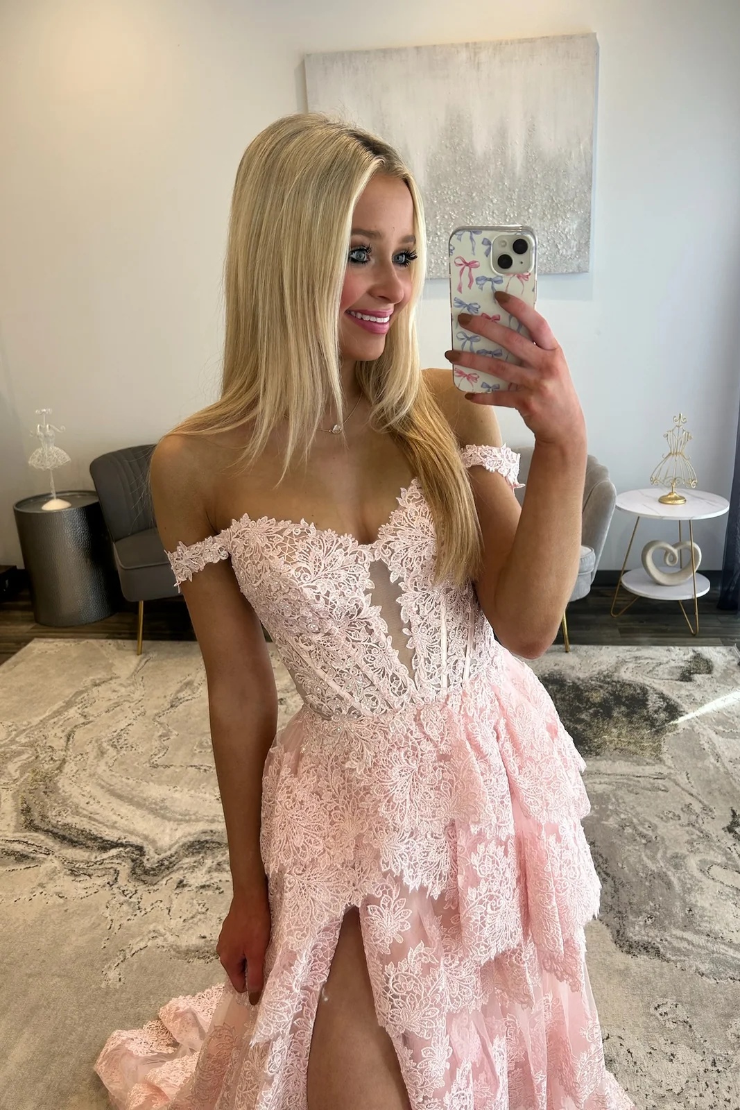 Off-the-Shoulder Lace Corset Ruffles Floor-Length High Split A-Line Prom Dress